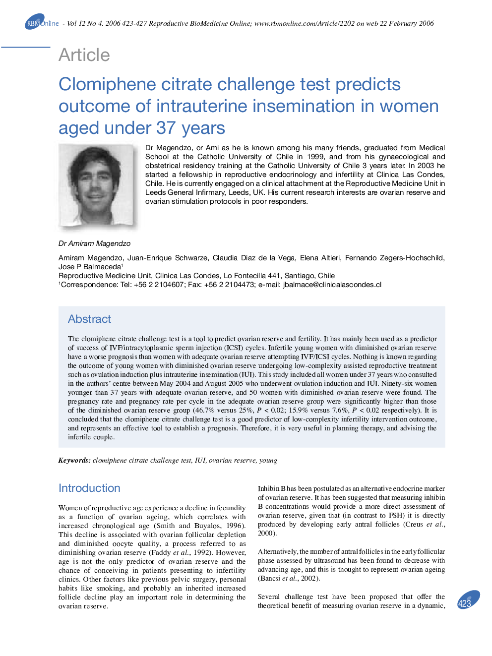 Clomiphene citrate challenge test predicts outcome of intrauterine insemination in women aged under 37 years