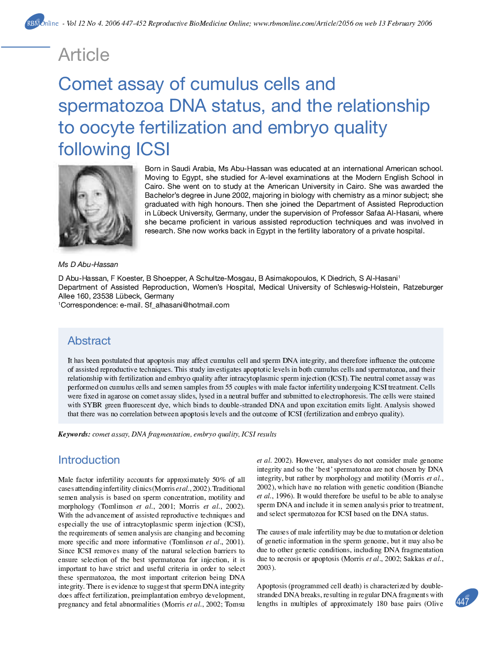 Comet assay of cumulus cells and spermatozoa DNA status, and the relationship to oocyte fertilization and embryo quality following ICSI