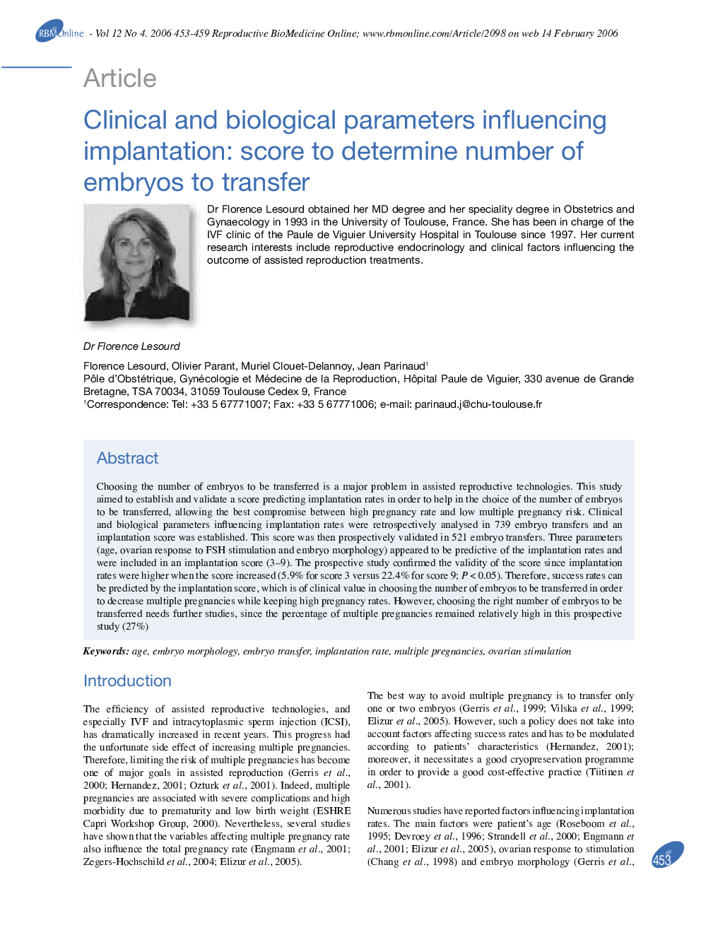 Clinical and biological parameters influencing implantation: score to determine number of embryos to transfer