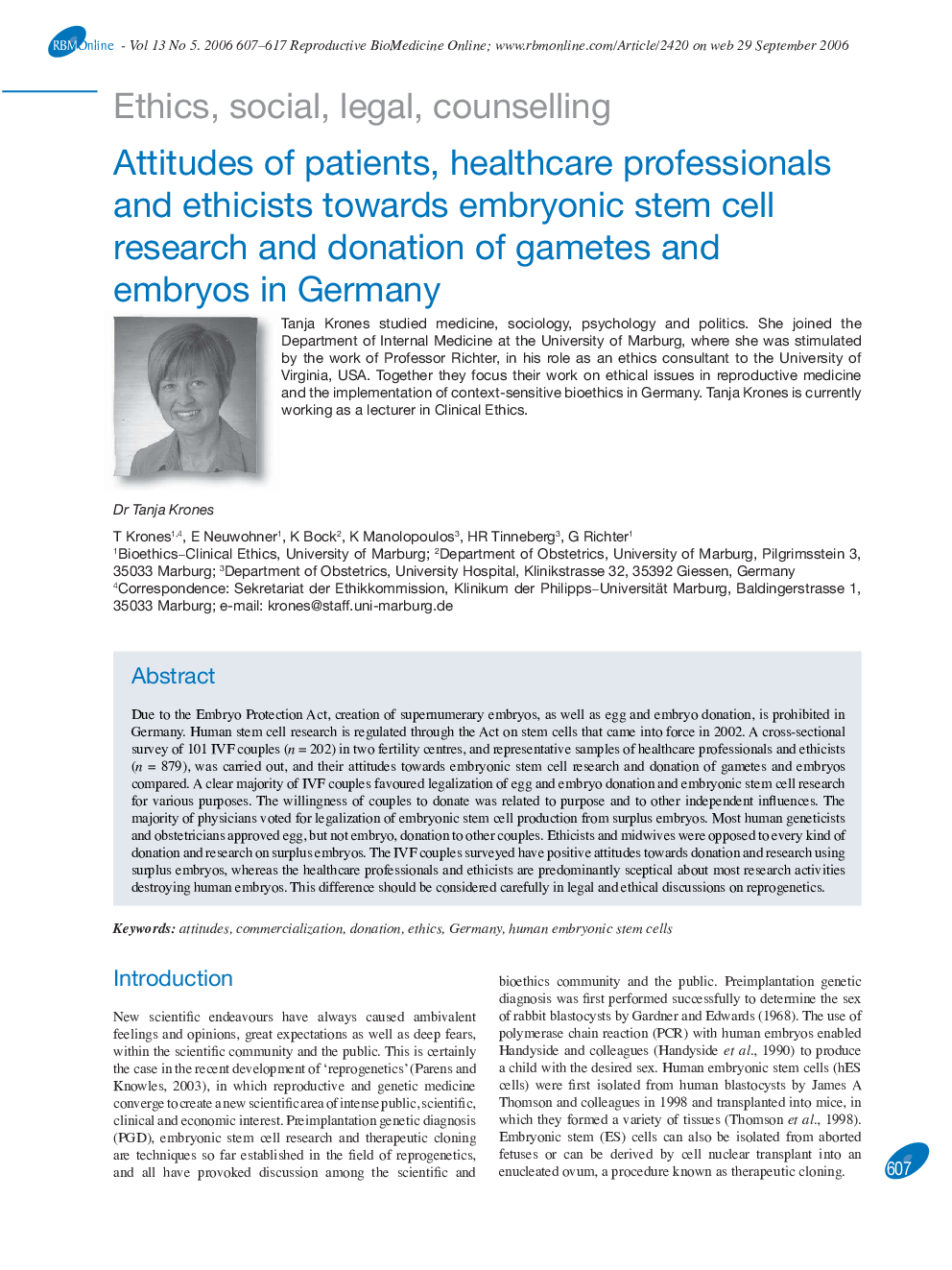 Attitudes of patients, healthcare professionals and ethicists towards embryonic stem cell research and donation of gametes and embryos in Germany