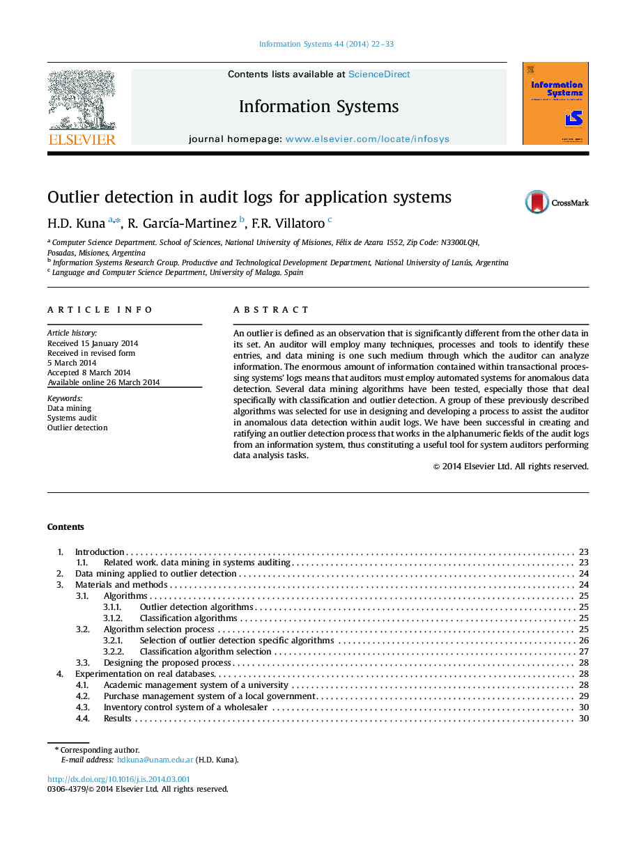 Outlier detection in audit logs for application systems