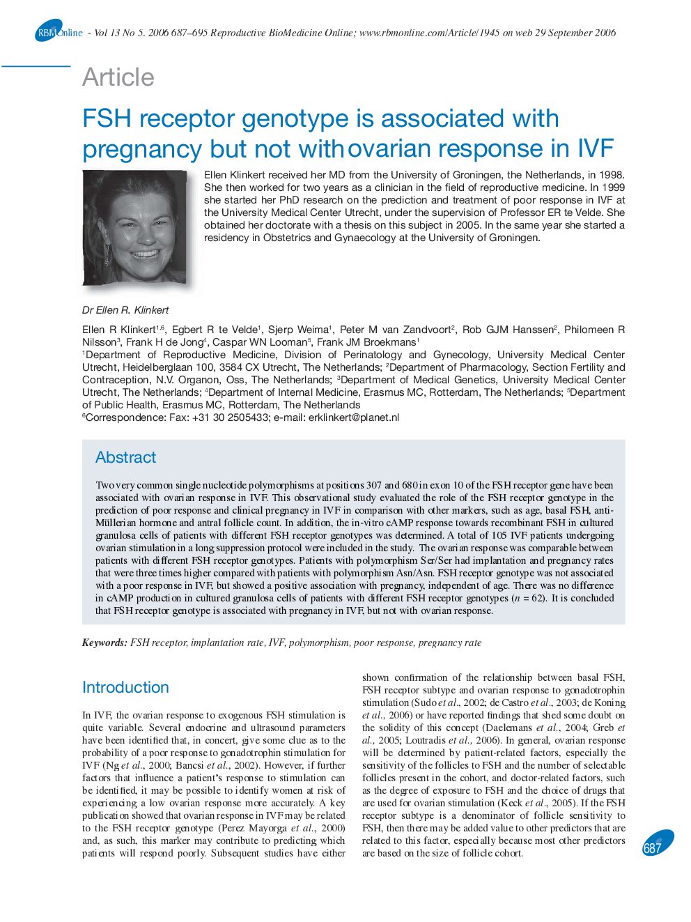 FSH receptor genotype is associated with pregnancy but not with ovarian response in IVF