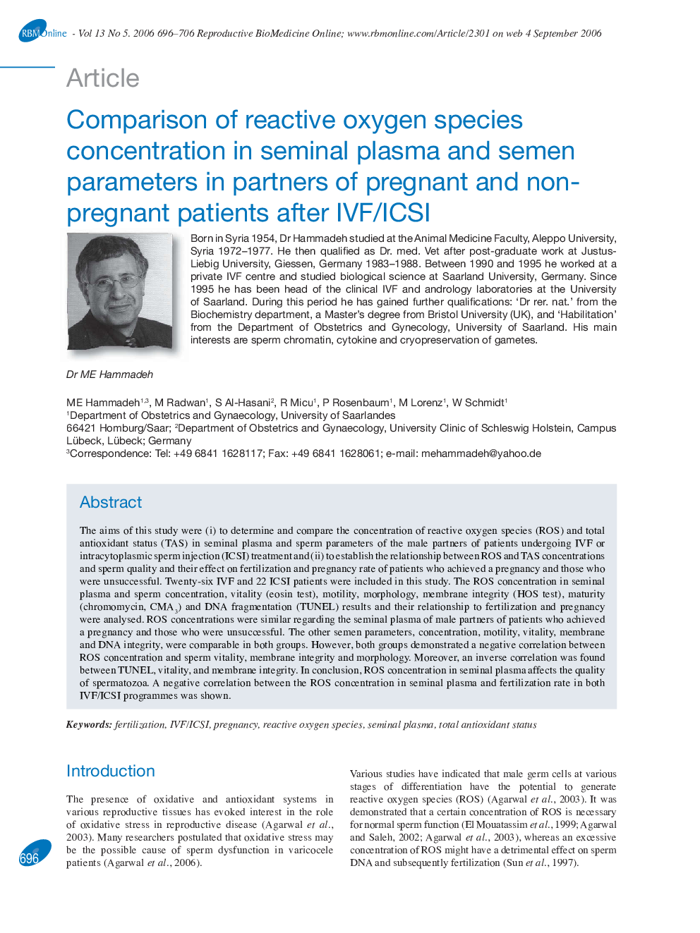 Comparison of reactive oxygen species concentration in seminal plasma and semen parameters in partners of pregnant and non-pregnant patients after IVF/ICSI