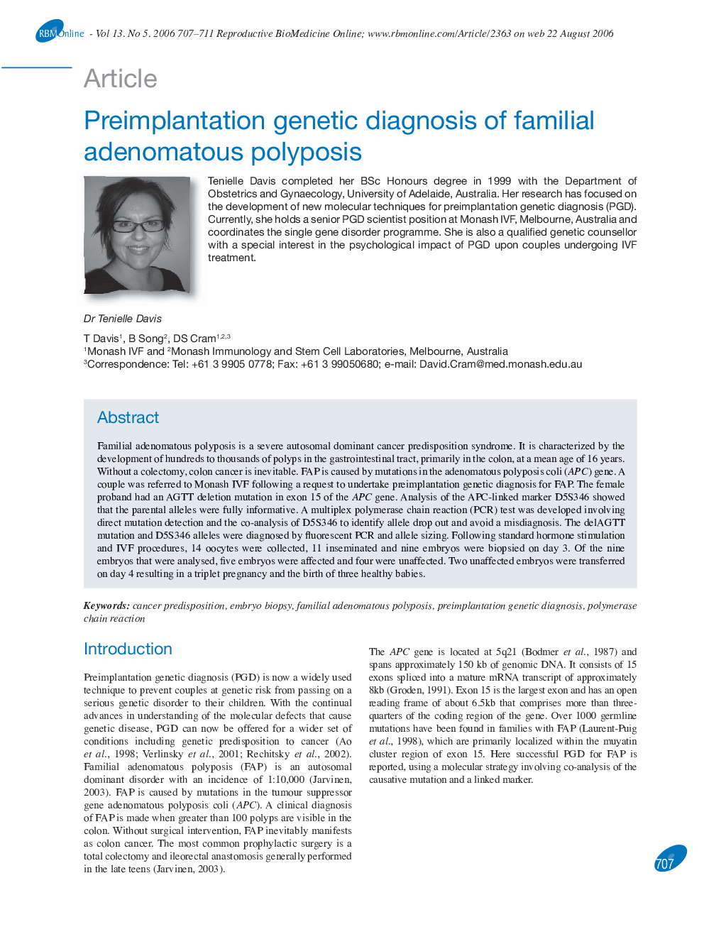 Preimplantation genetic diagnosis of familial adenomatous polyposis