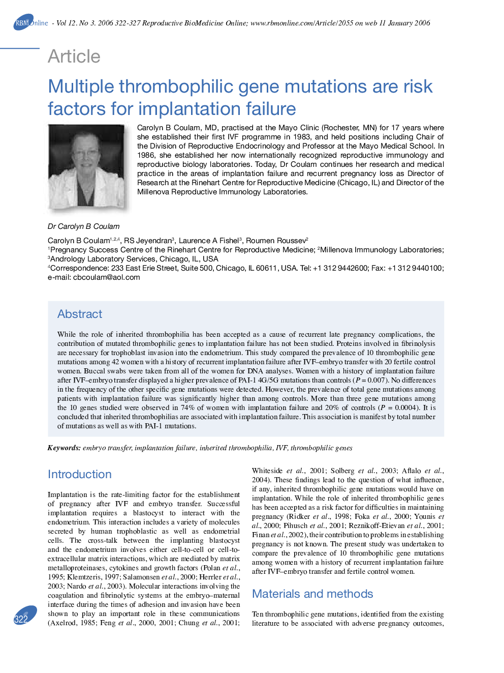 Multiple thrombophilic gene mutations are risk factors for implantation failure