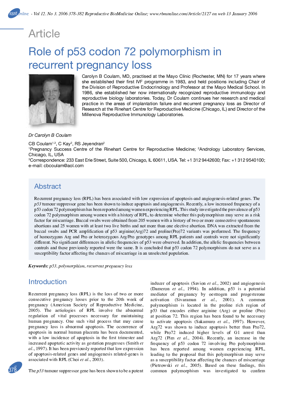 Role of p53 codon 72 polymorphism in recurrent pregnancy loss