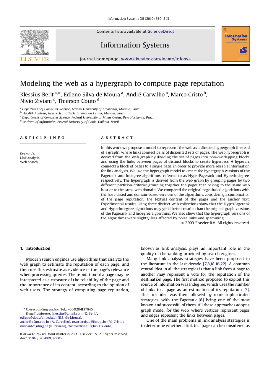 Modeling the web as a hypergraph to compute page reputation