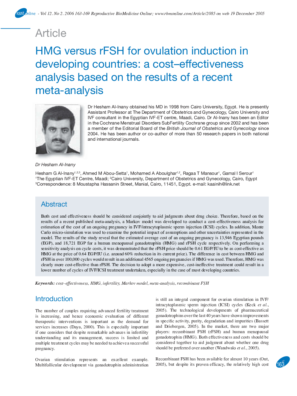 HMG versus rFSH for ovulation induction in developing countries: a cost–effectiveness analysis based on the results of a recent meta-analysis