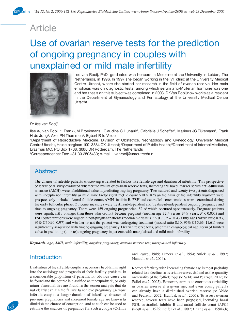 Use of ovarian reserve tests for the prediction of ongoing pregnancy in couples with unexplained or mild male infertility