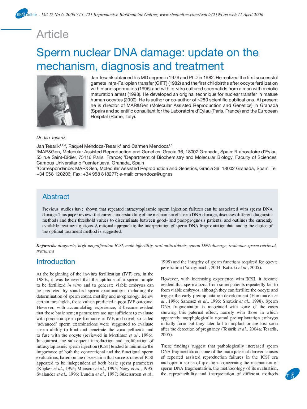 Sperm nuclear DNA damage: update on the mechanism, diagnosis and treatment 