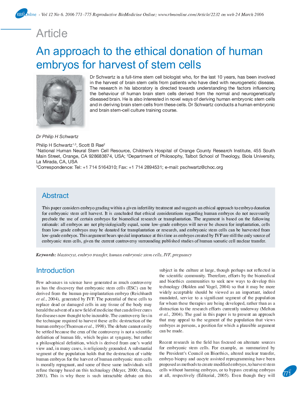 An approach to the ethical donation of human embryos for harvest of stem cells