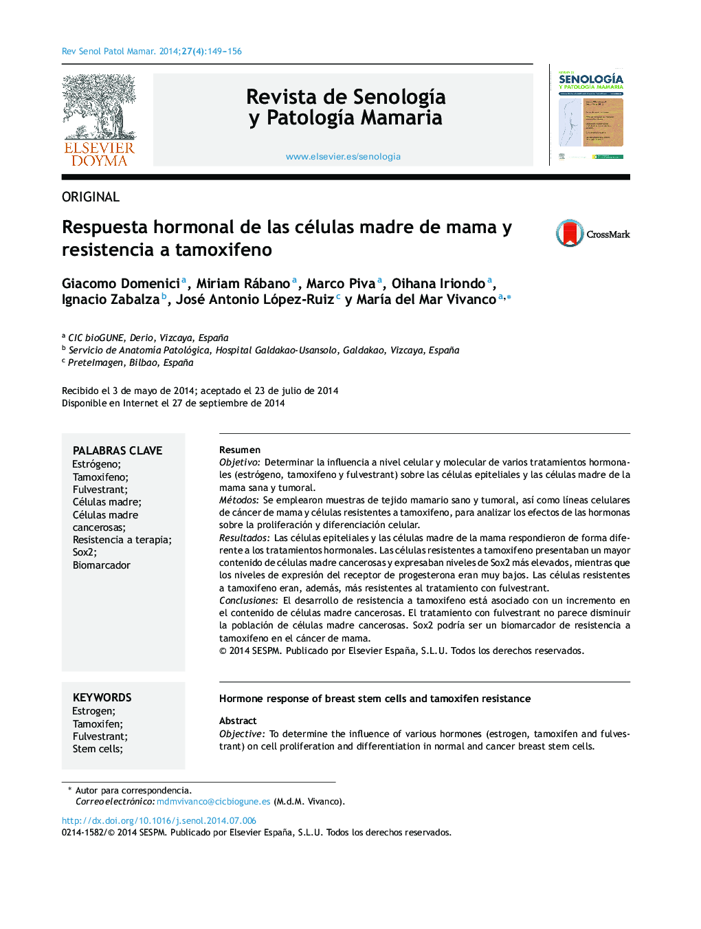 Respuesta hormonal de las células madre de mama y resistencia a tamoxifeno