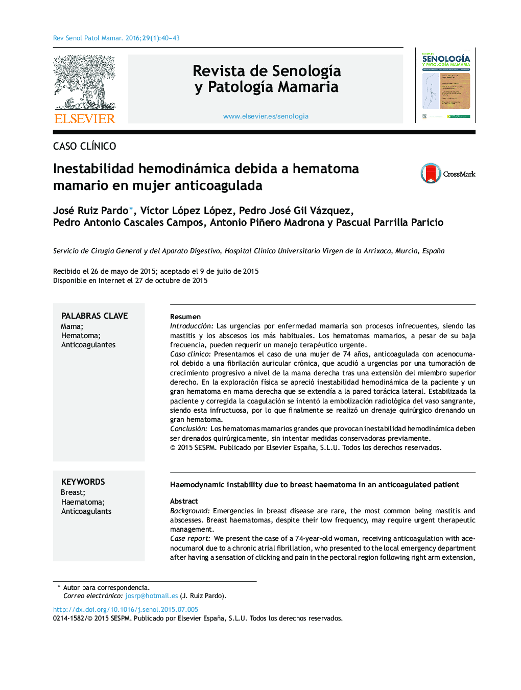 Inestabilidad hemodinámica debida a hematoma mamario en mujer anticoagulada