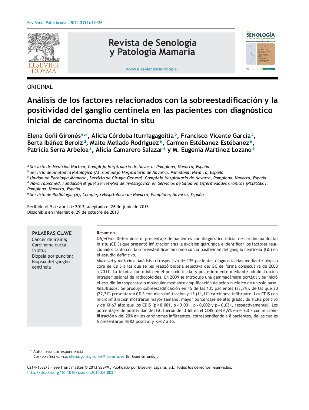 Análisis de los factores relacionados con la sobreestadificación y la positividad del ganglio centinela en las pacientes con diagnóstico inicial de carcinoma ductal in situ