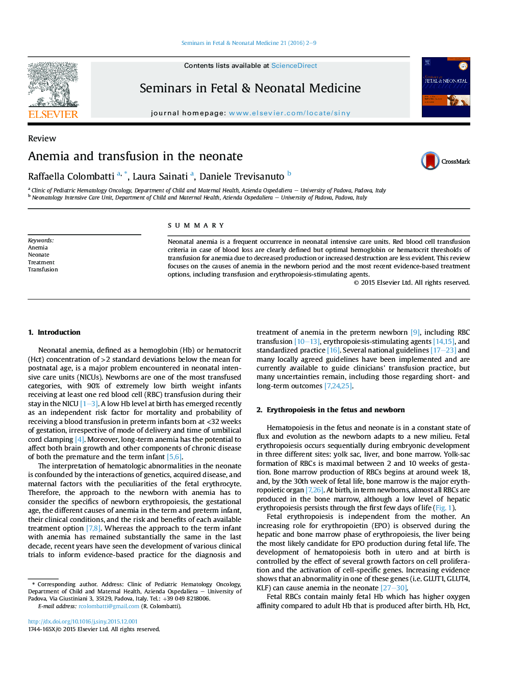 Anemia and transfusion in the neonate