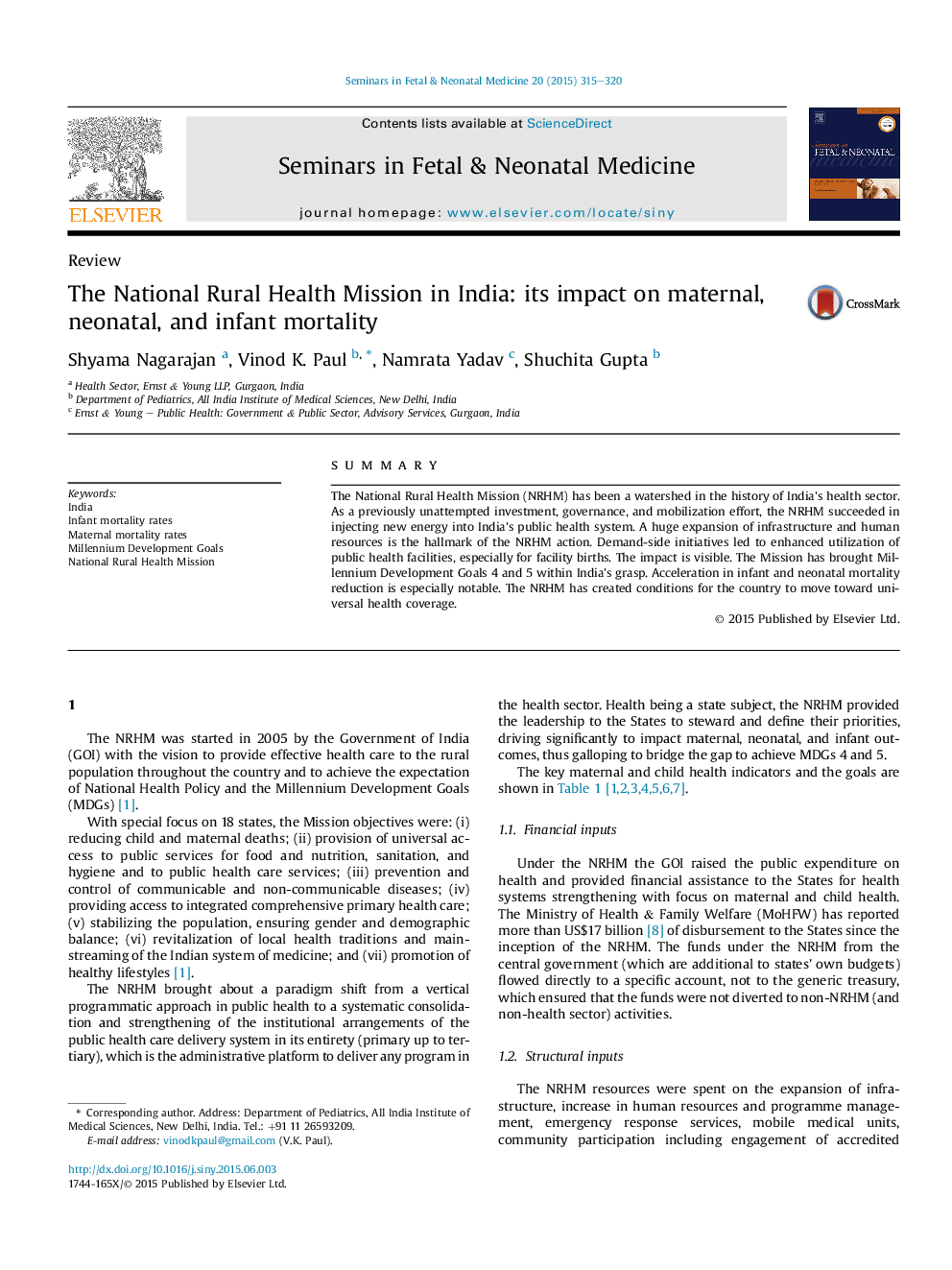 The National Rural Health Mission in India: its impact on maternal, neonatal, and infant mortality