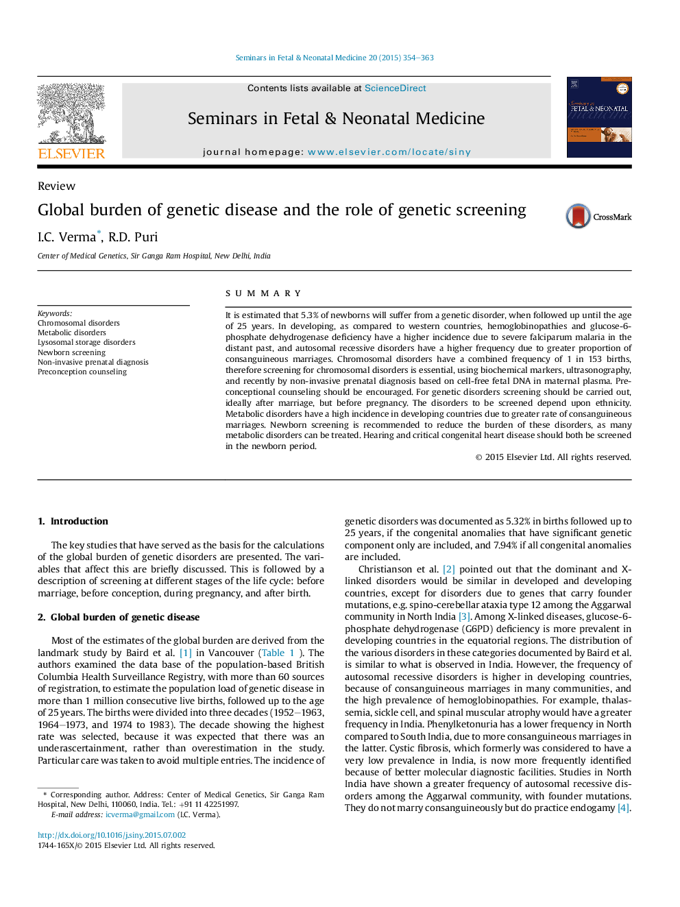 Global burden of genetic disease and the role of genetic screening