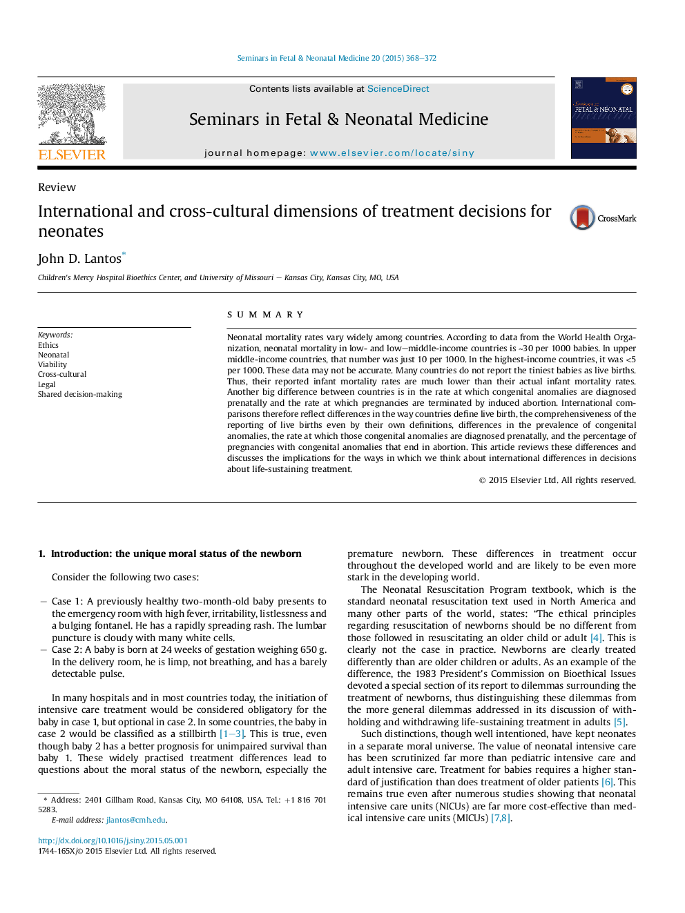 International and cross-cultural dimensions of treatment decisions for neonates