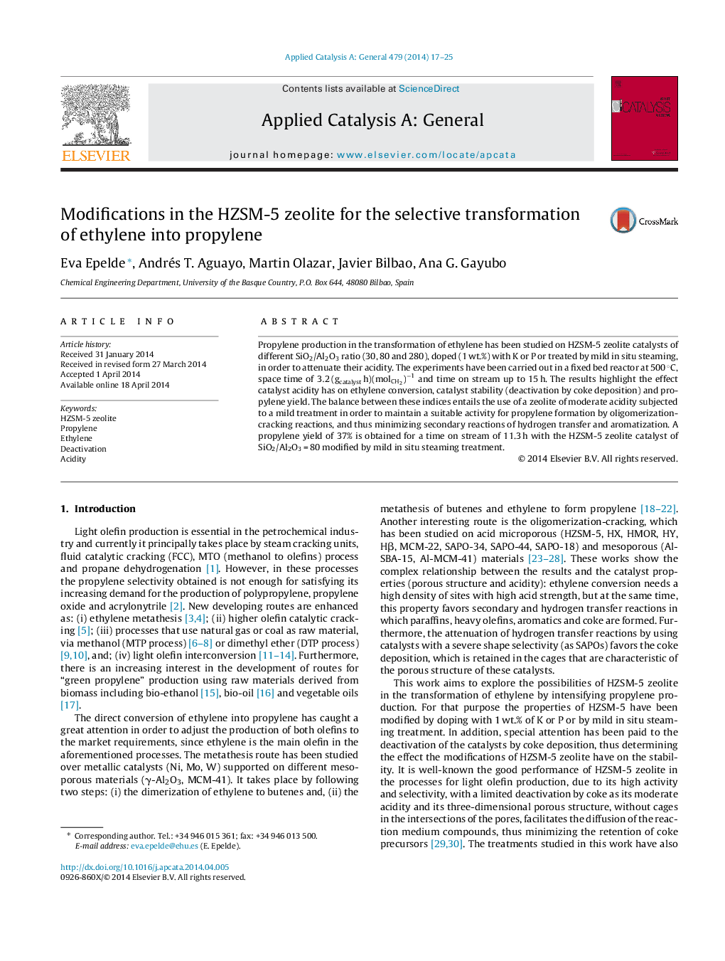 Modifications in the HZSM-5 zeolite for the selective transformation of ethylene into propylene