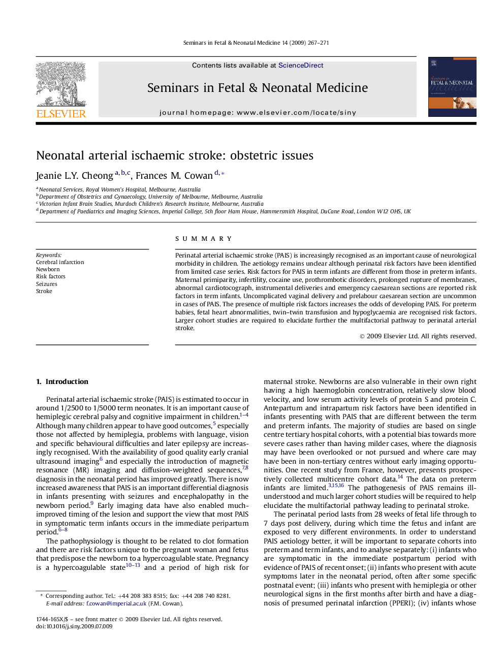 Neonatal arterial ischaemic stroke: obstetric issues