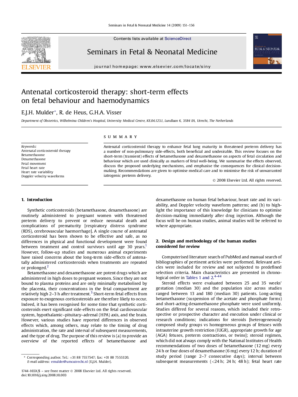 Antenatal corticosteroid therapy: short-term effects on fetal behaviour and haemodynamics