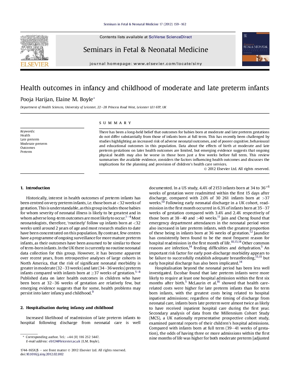 Health outcomes in infancy and childhood of moderate and late preterm infants