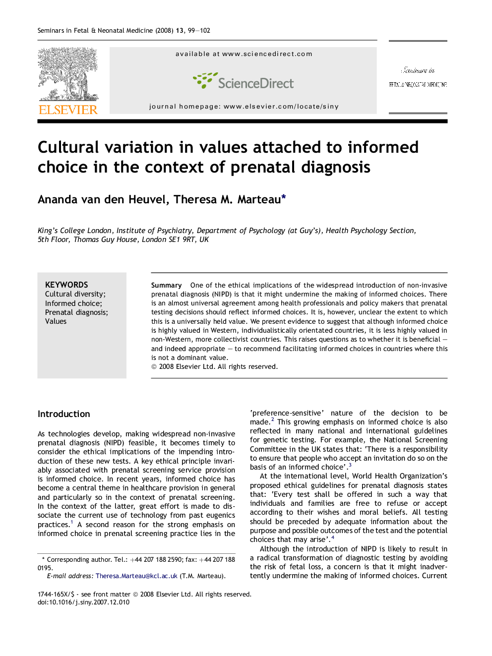 Cultural variation in values attached to informed choice in the context of prenatal diagnosis