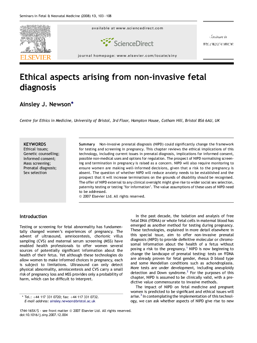 Ethical aspects arising from non-invasive fetal diagnosis