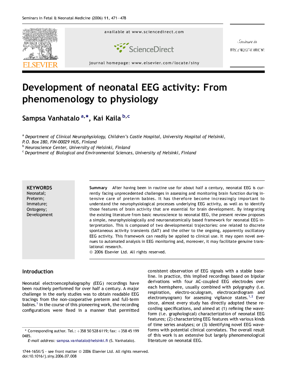 Development of neonatal EEG activity: From phenomenology to physiology