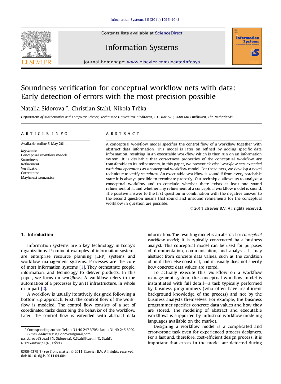 Soundness verification for conceptual workflow nets with data: Early detection of errors with the most precision possible