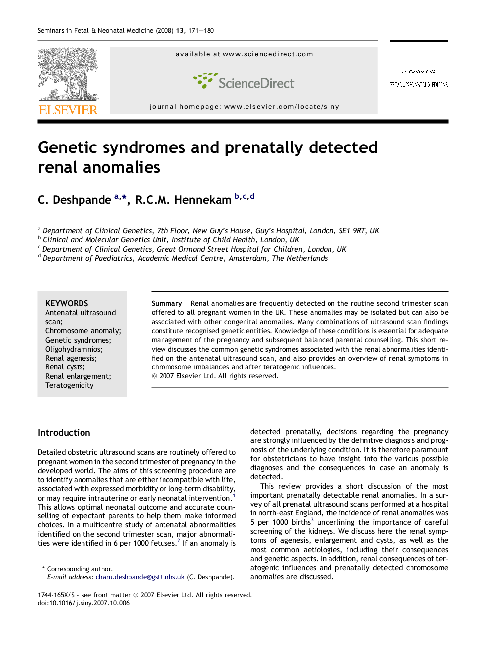 Genetic syndromes and prenatally detected renal anomalies