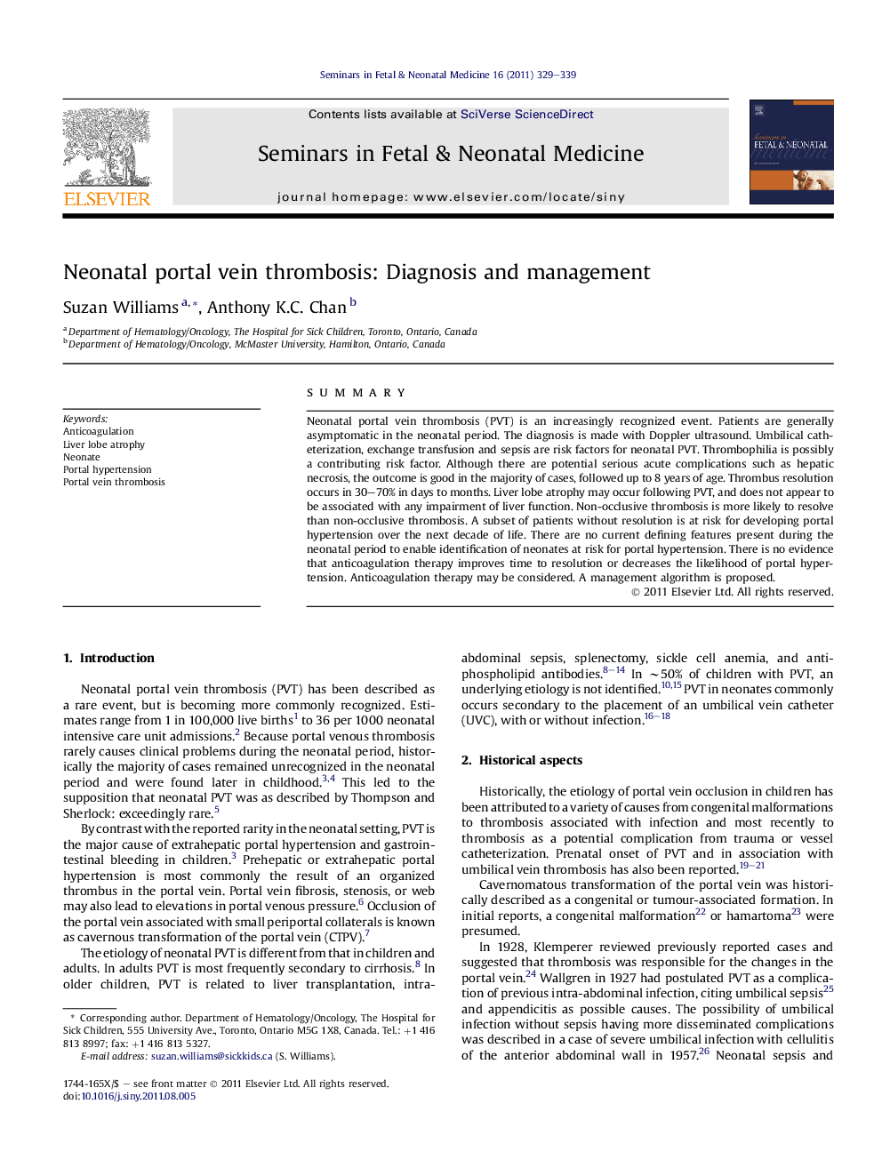 Neonatal portal vein thrombosis: Diagnosis and management