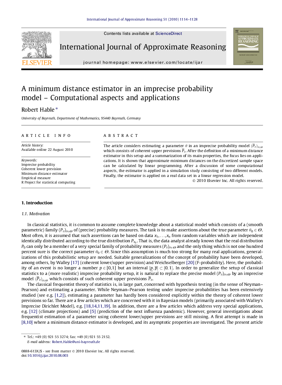 A minimum distance estimator in an imprecise probability model – Computational aspects and applications