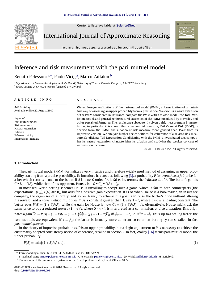 عکس صفحه اول مقاله: Inference and risk measurement with the pari-mutuel model Inference and risk measurement with the pari-mutuel model