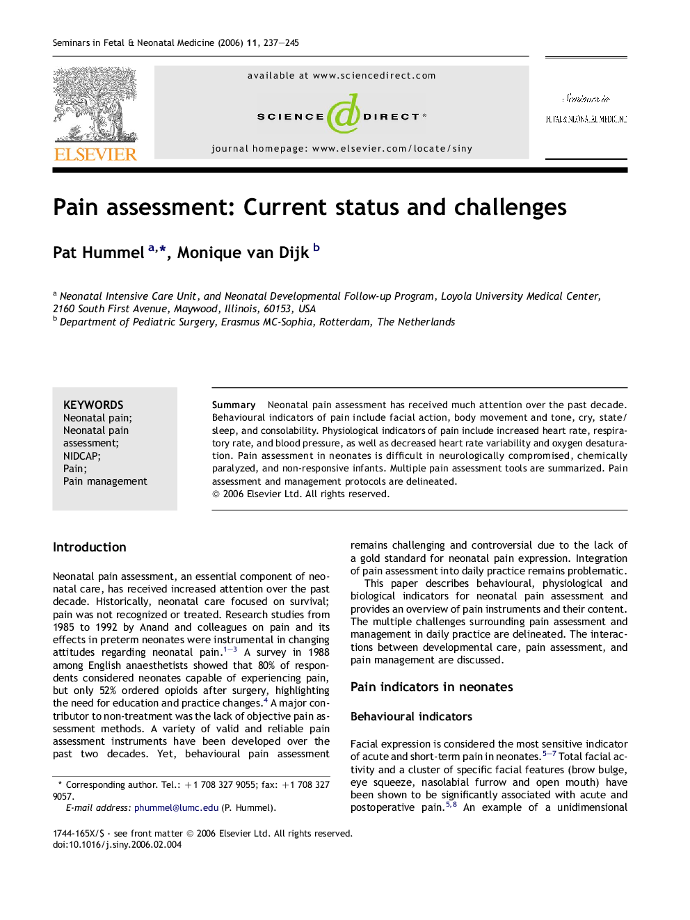 Pain assessment: Current status and challenges