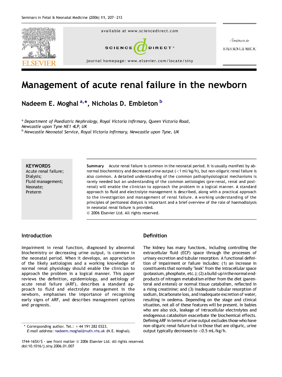 Management of acute renal failure in the newborn