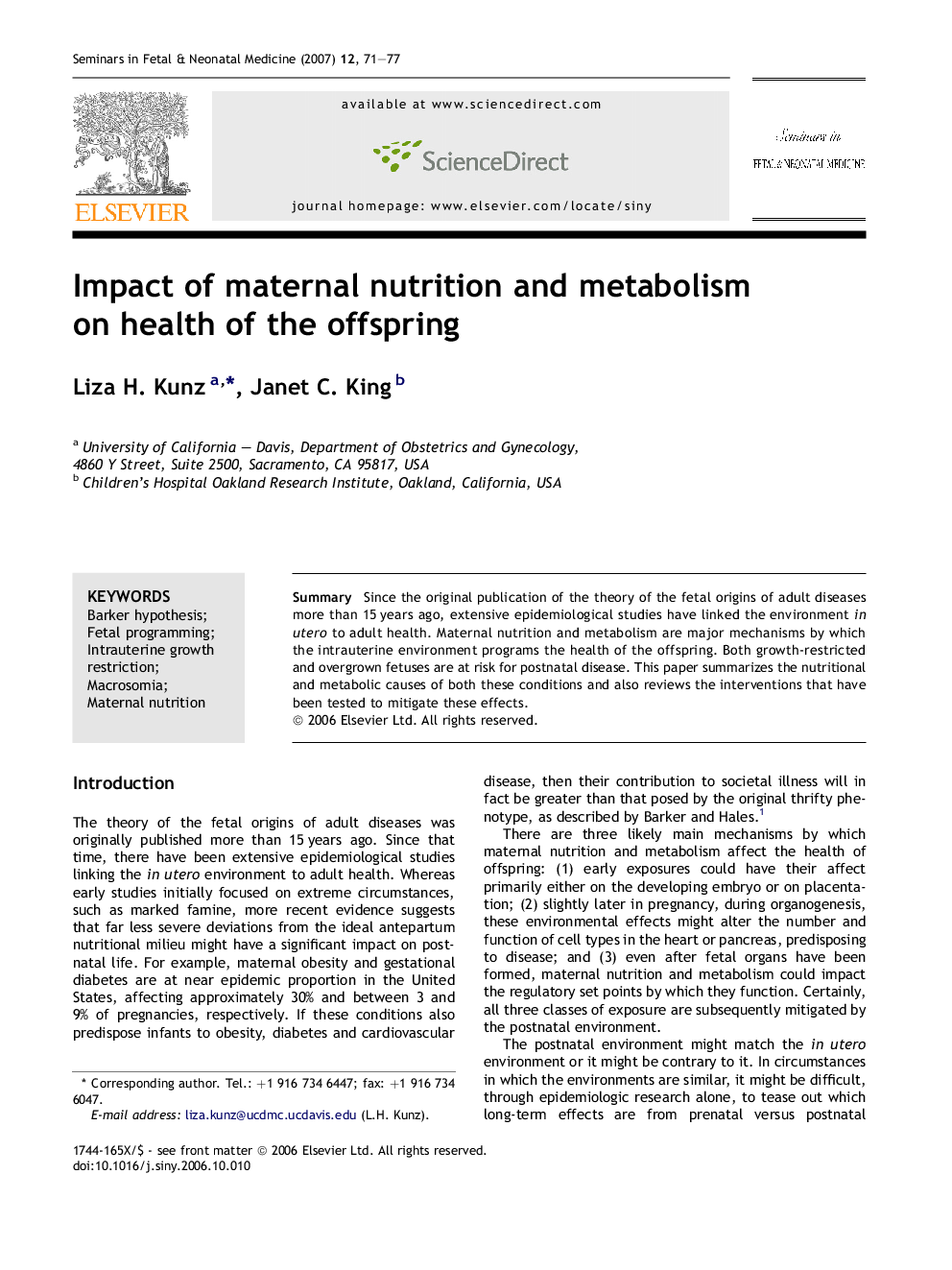 Impact of maternal nutrition and metabolism on health of the offspring