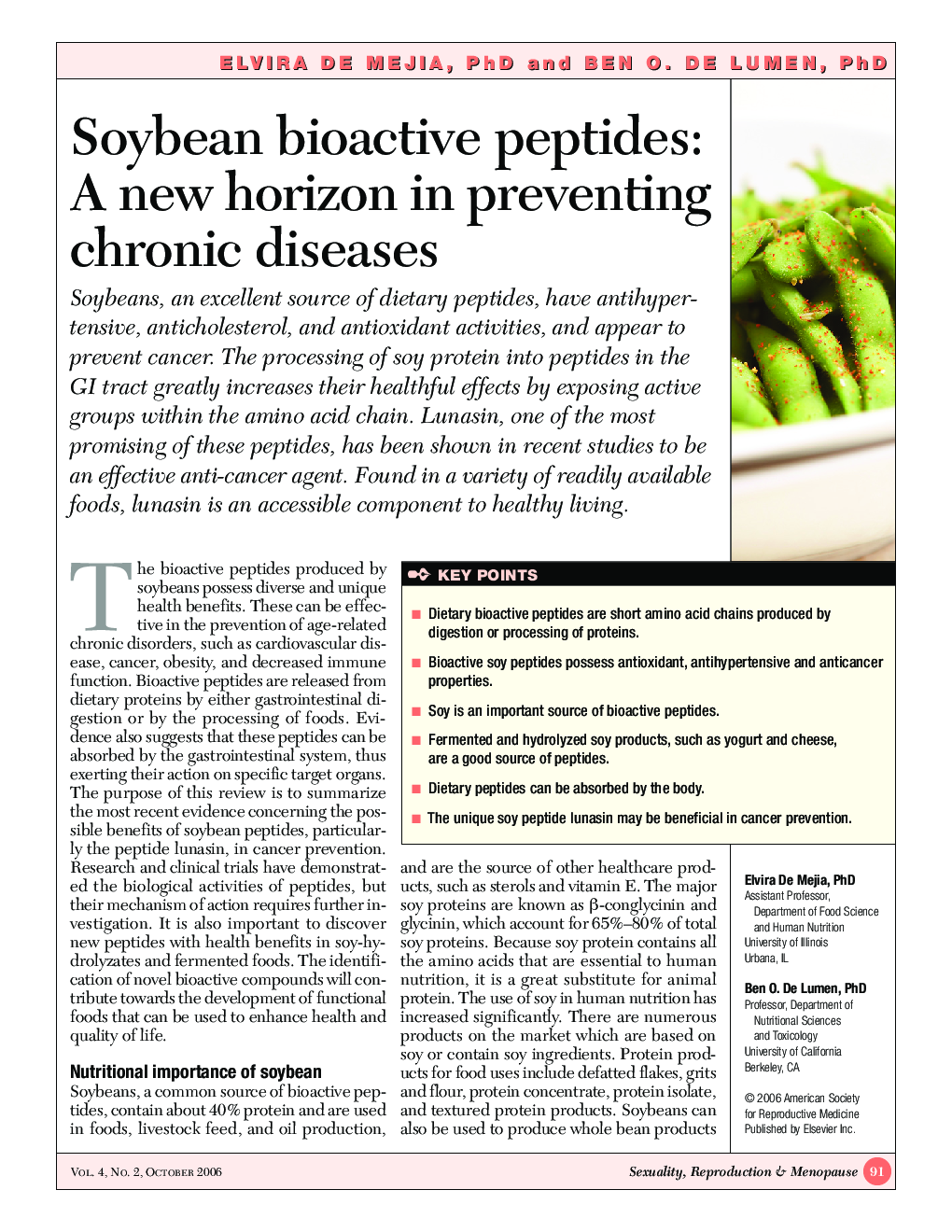 Soybean bioactive peptides: A new horizon in preventing chronic diseases