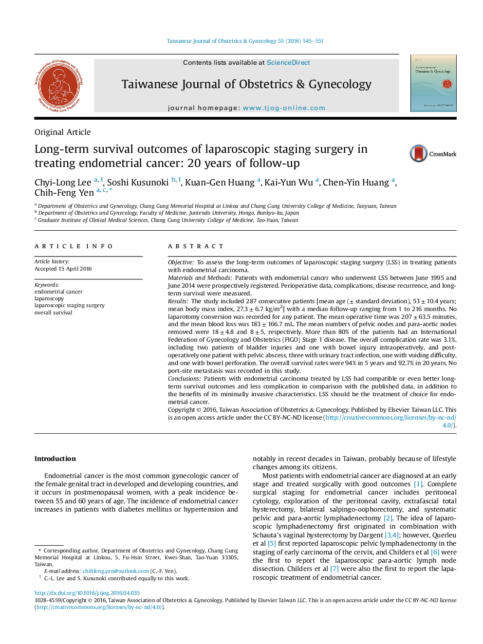 Long-term survival outcomes of laparoscopic staging surgery in treating endometrial cancer: 20 years of follow-up