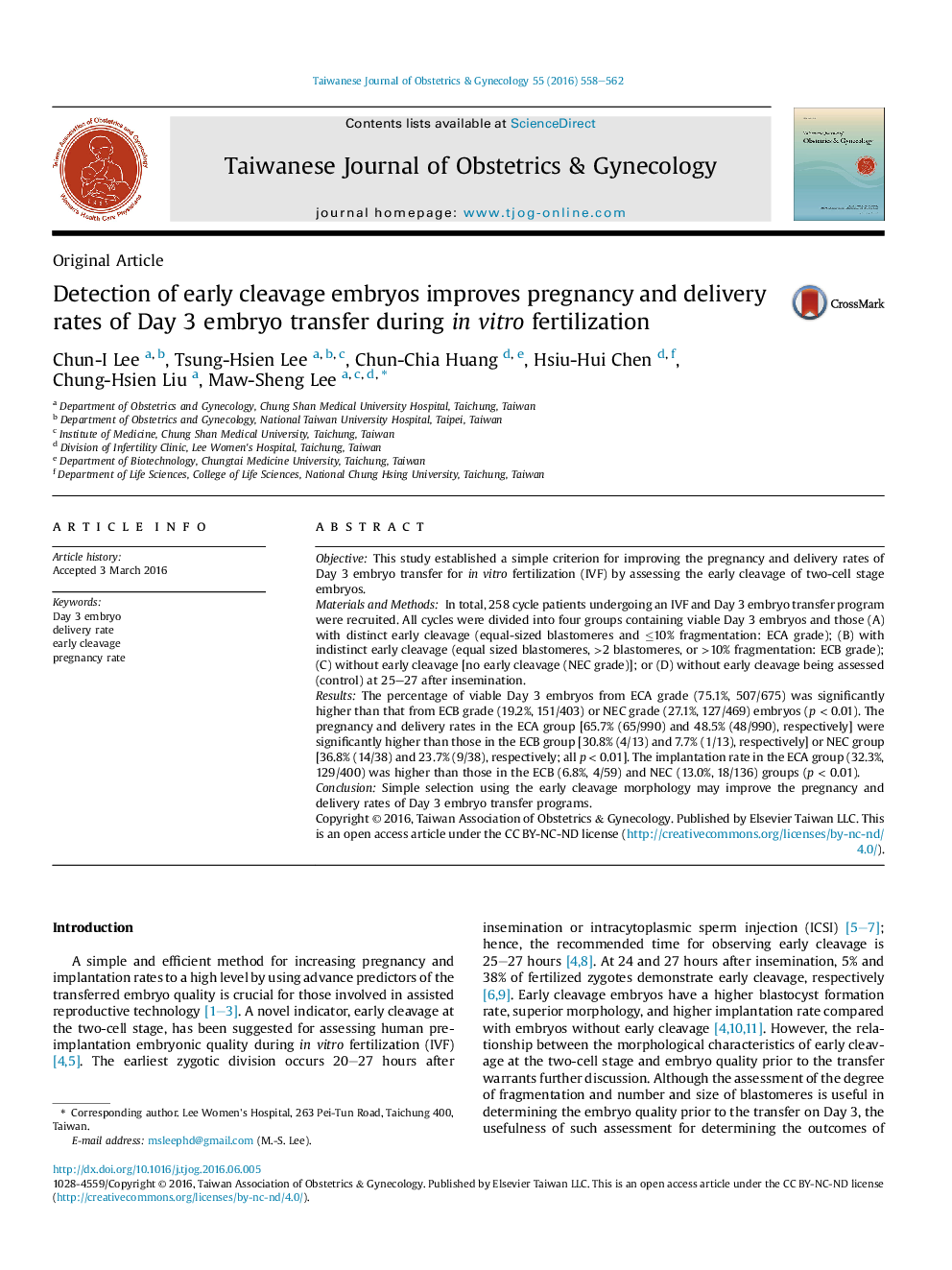 Detection of early cleavage embryos improves pregnancy and delivery rates of Day 3 embryo transfer during in vitro fertilization