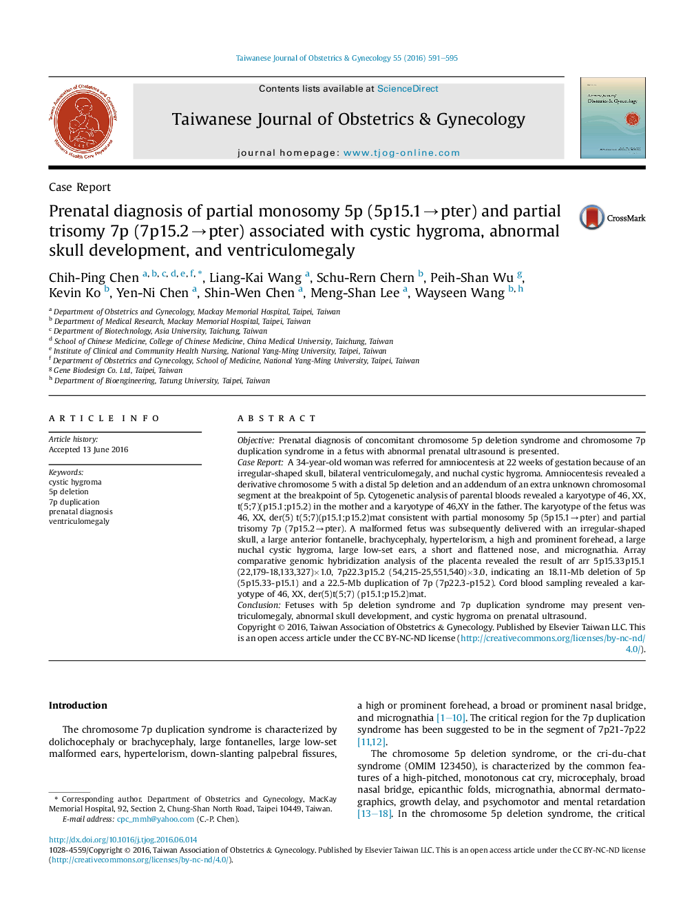 Prenatal diagnosis of partial monosomy 5p (5p15.1→pter) and partial trisomy 7p (7p15.2→pter) associated with cystic hygroma, abnormal skull development, and ventriculomegaly