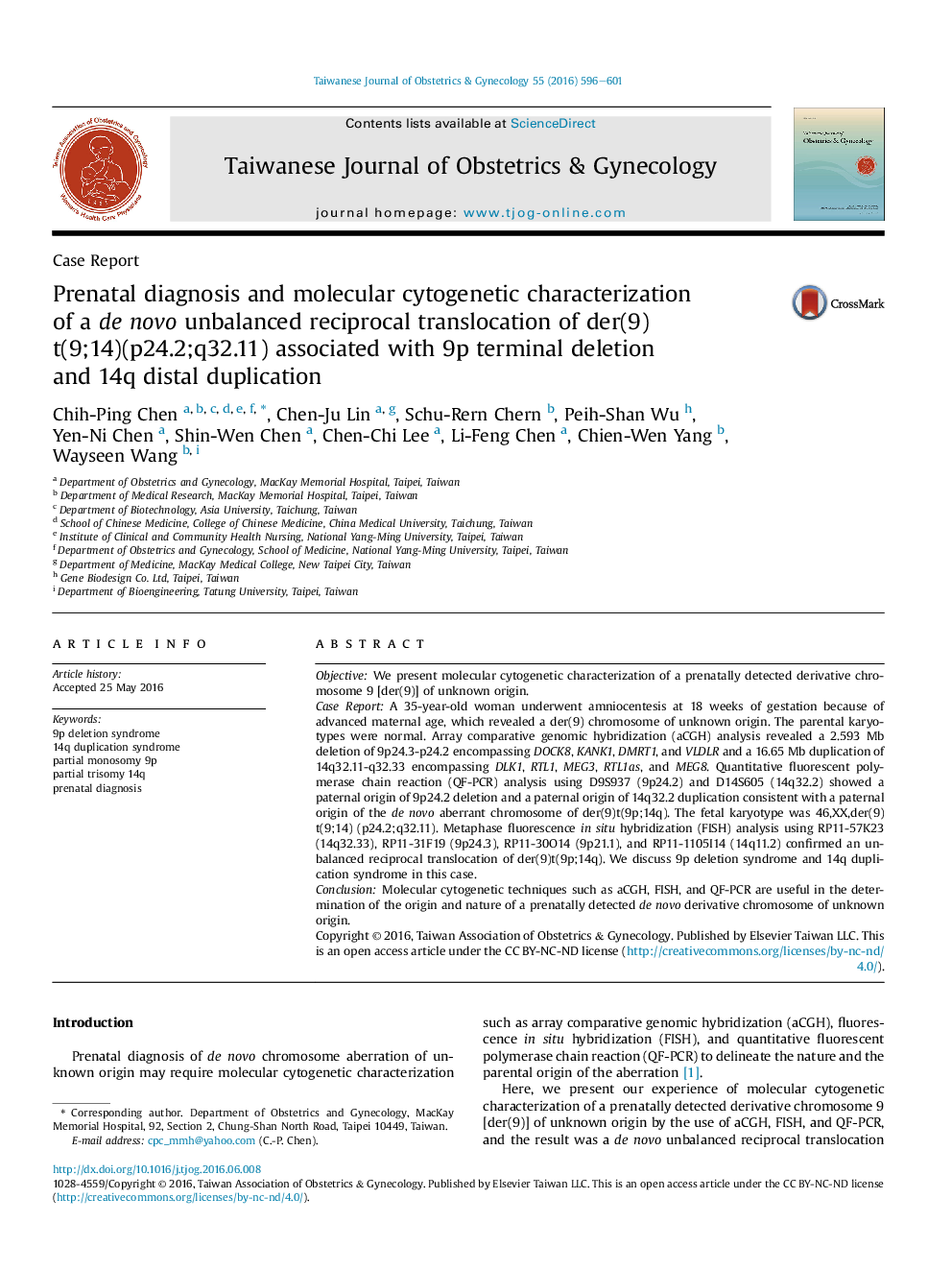 Prenatal diagnosis and molecular cytogenetic characterization of a de novo unbalanced reciprocal translocation of der(9)t(9;14)(p24.2;q32.11) associated with 9p terminal deletion and 14q distal duplication