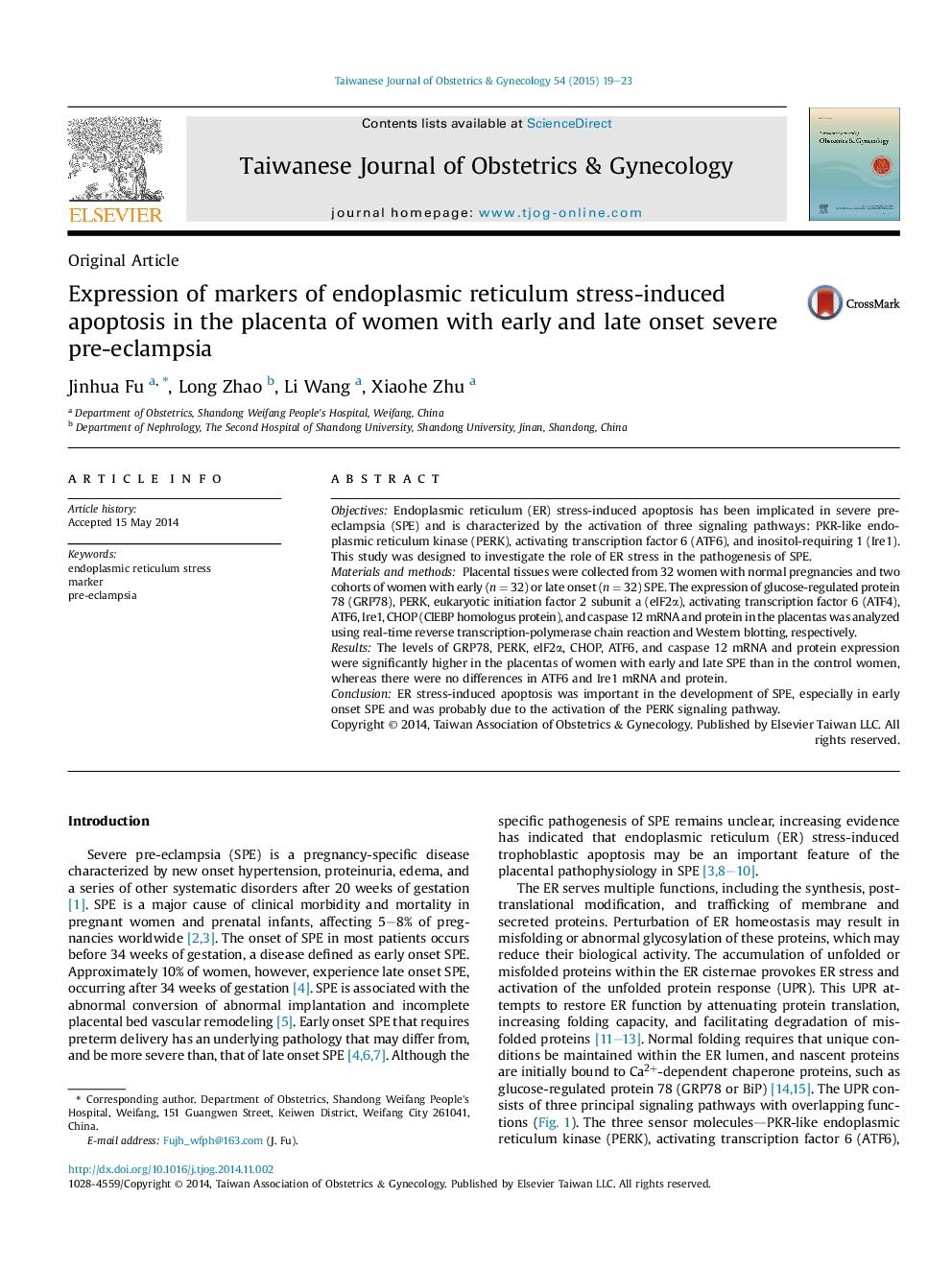 Expression of markers of endoplasmic reticulum stress-induced apoptosis in the placenta of women with early and late onset severe pre-eclampsia