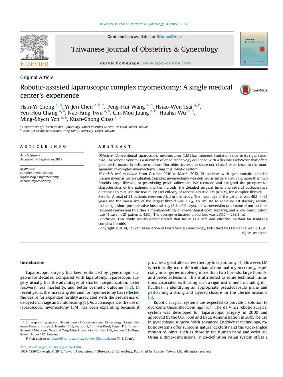 Robotic-assisted laparoscopic complex myomectomy: A single medical center's experience