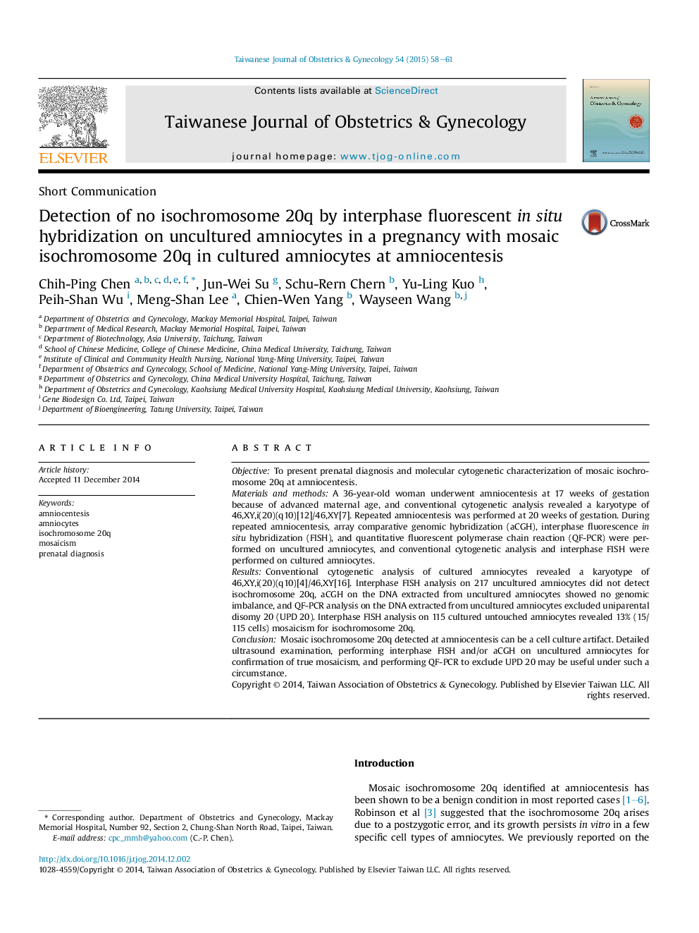 Detection of no isochromosome 20q by interphase fluorescent in situ hybridization on uncultured amniocytes in a pregnancy with mosaic isochromosome 20q in cultured amniocytes at amniocentesis