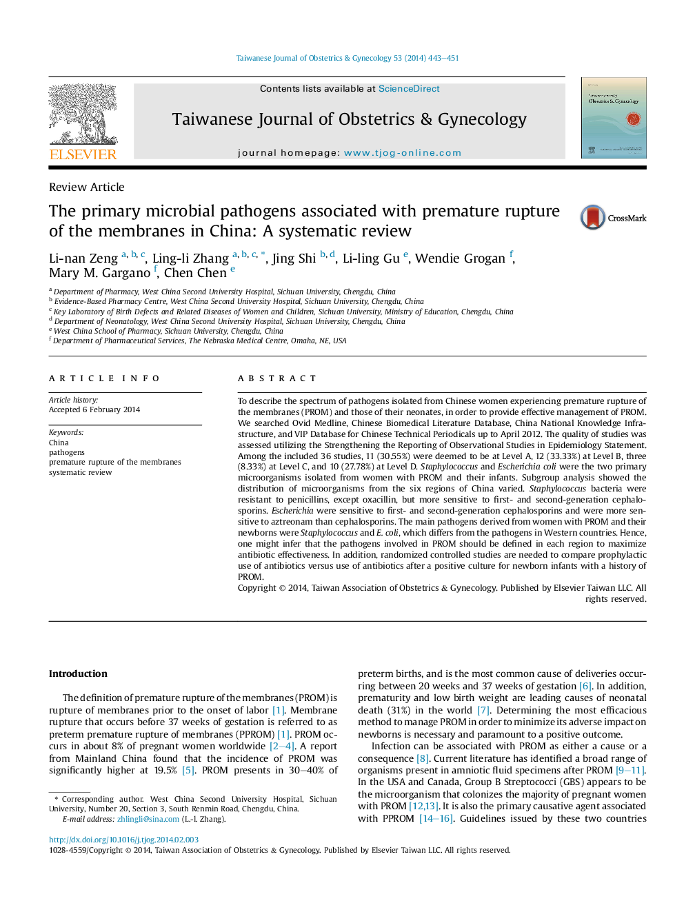 The primary microbial pathogens associated with premature rupture of the membranes in China: A systematic review