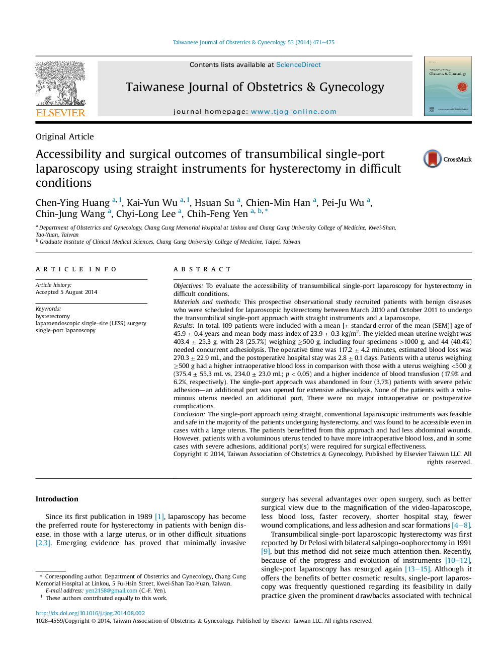 Accessibility and surgical outcomes of transumbilical single-port laparoscopy using straight instruments for hysterectomy in difficult conditions