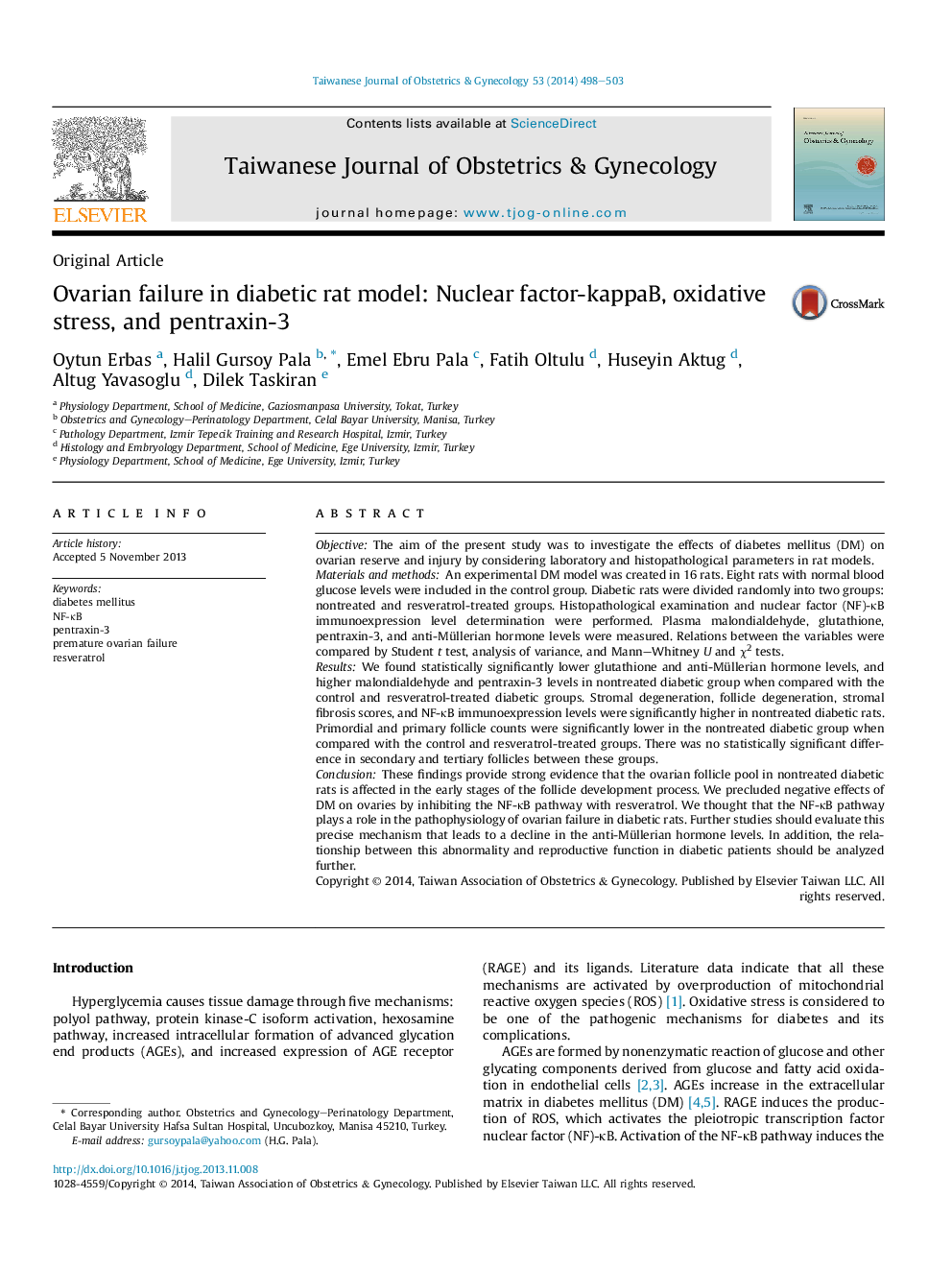 Ovarian failure in diabetic rat model: Nuclear factor-kappaB, oxidative stress, and pentraxin-3