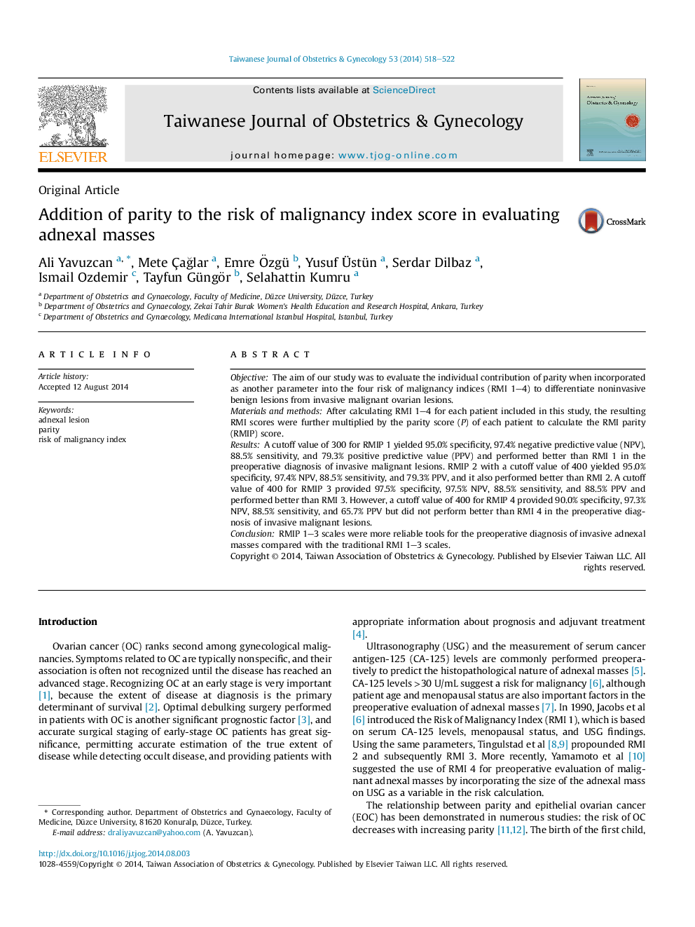 Addition of parity to the risk of malignancy index score in evaluating adnexal masses