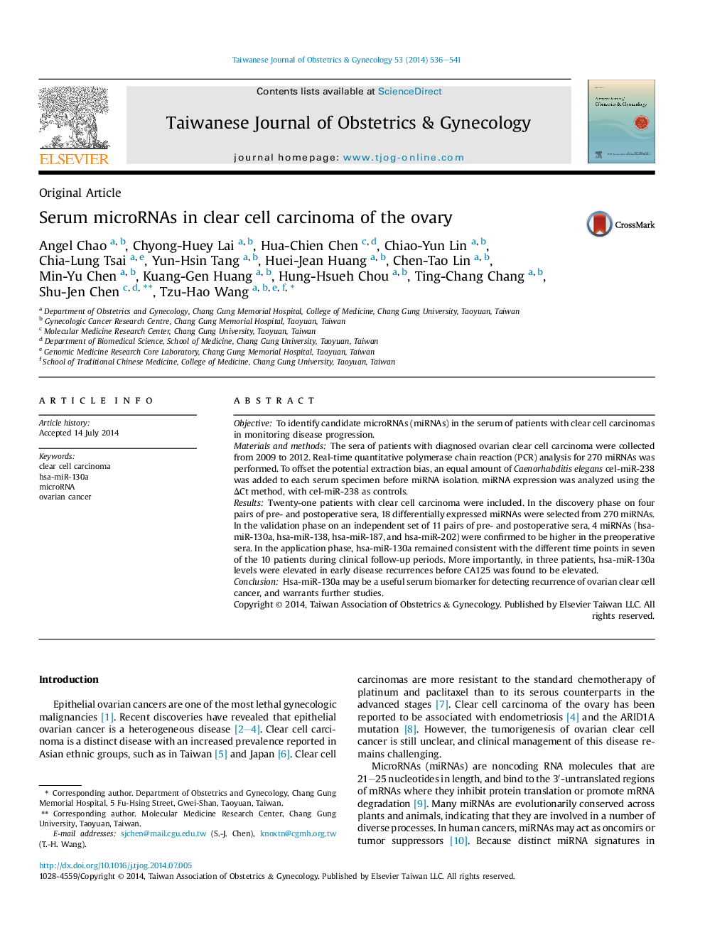 Serum microRNAs in clear cell carcinoma of the ovary